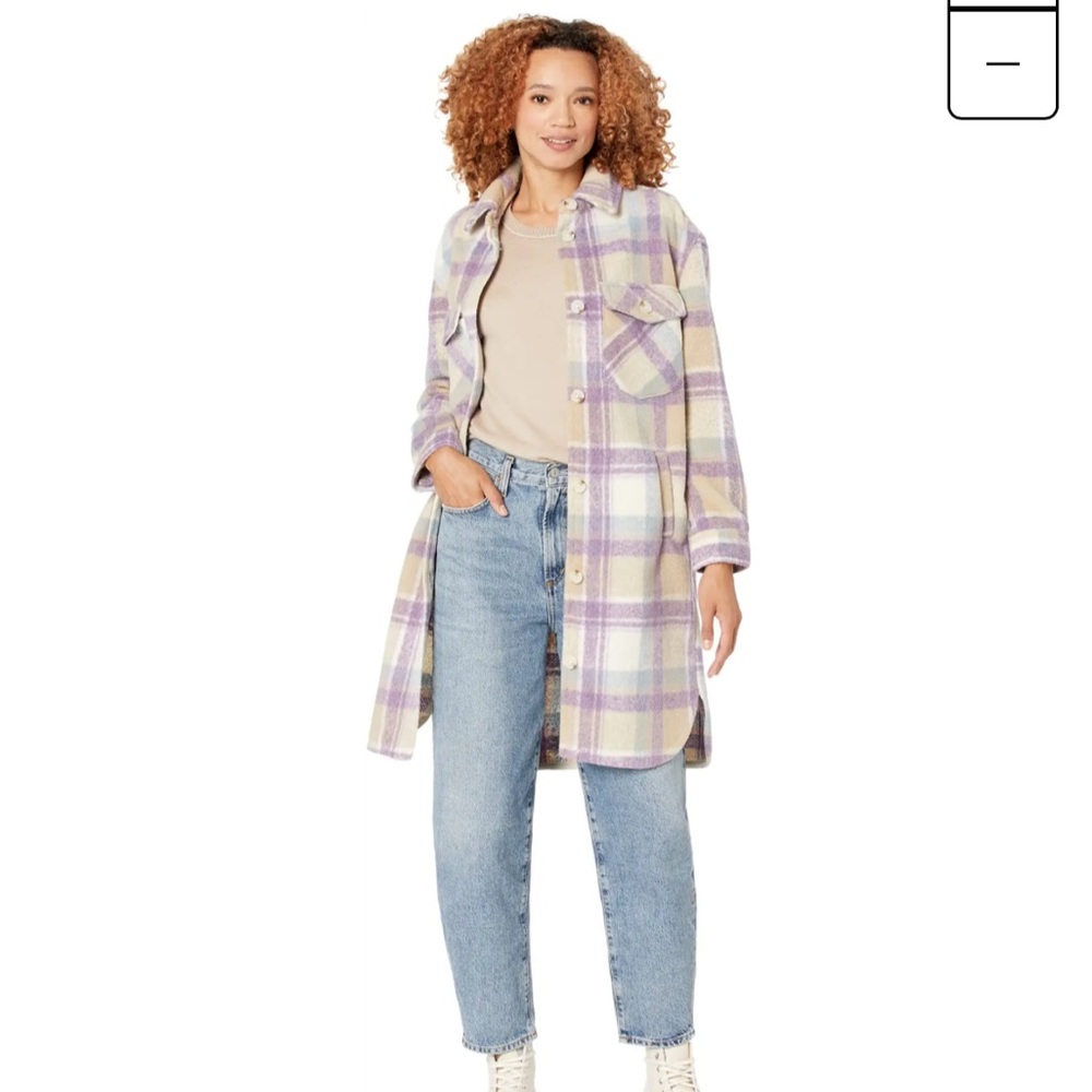 Blank NYC Long Plaid Shirt Jacket Purple Tan Size Small